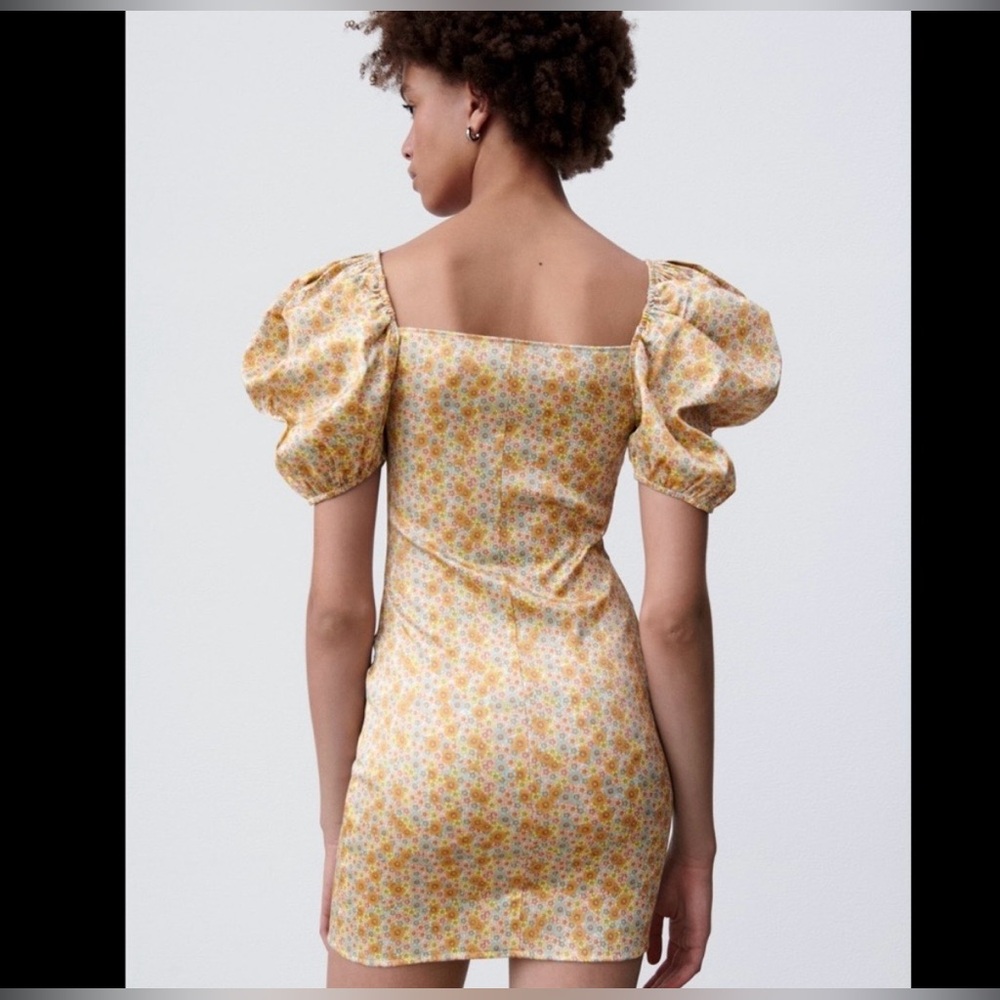 Zara Satin Effect Floral Printed Puff Sleeve Mini Dress Sz Medium - Picture 8 of 12